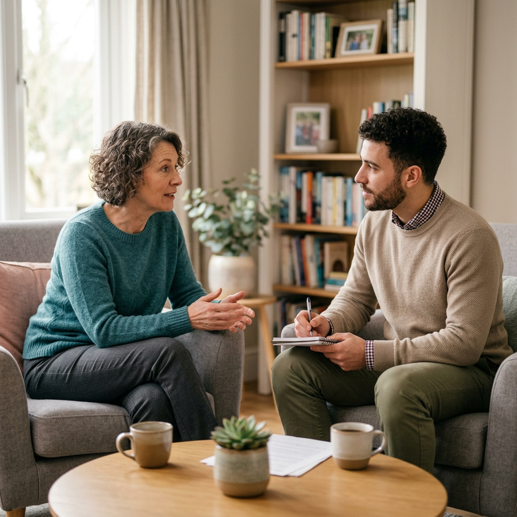 Woman talking to a therapist taking notes in a comfortable living room setting
