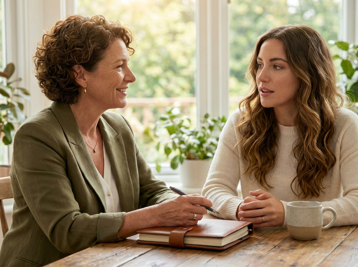Two women sitting at a table talking during a life coaching session