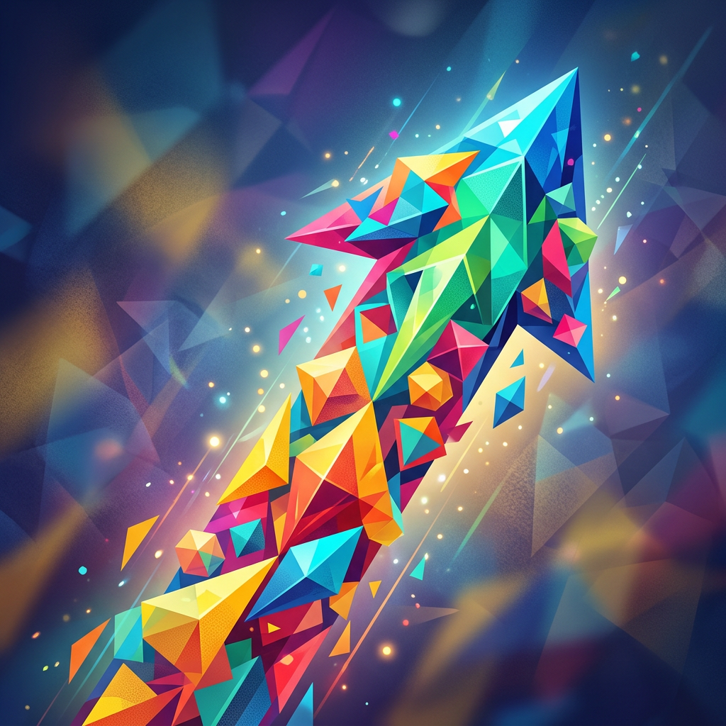 Abstract arrow made of multicolored geometric shapes flying upward