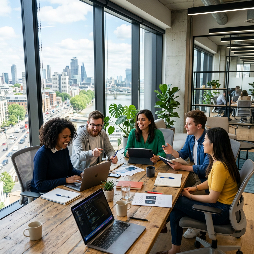 Five coworkers discussing work at a large table with laptops and documents in a modern office