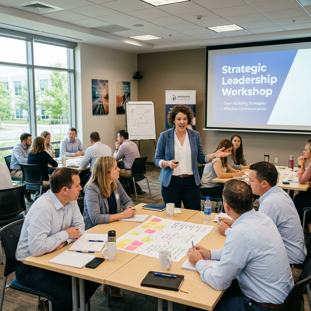 Facilitator leading a strategic leadership workshop with participants