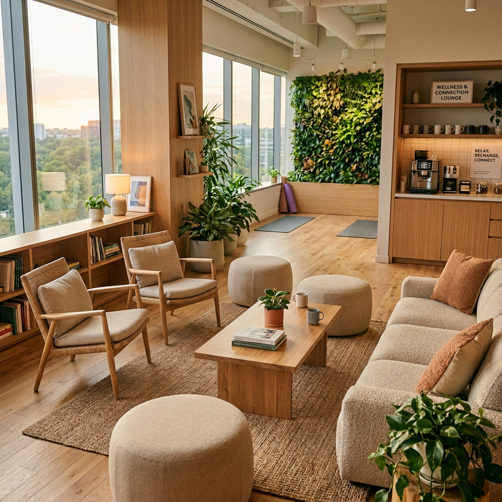 People socializing in a lounge labeled “WELLNESS & CONNECTION LOUNGE” and “RELAY, RECHARGE, CONNECT.”